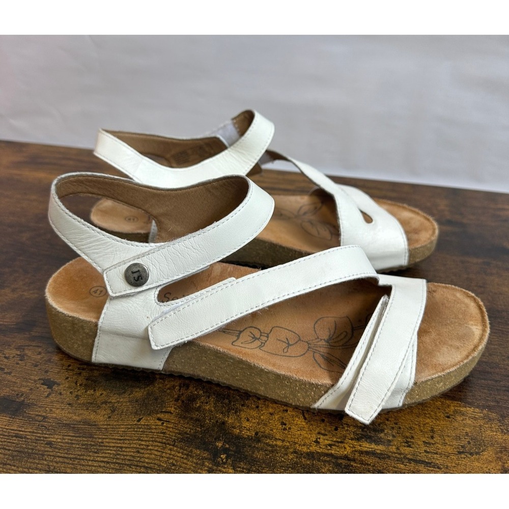 Josef Seibel Tonga 25 Women's Sandals White Leather Tan Cork Size 41 US 10 -10.5